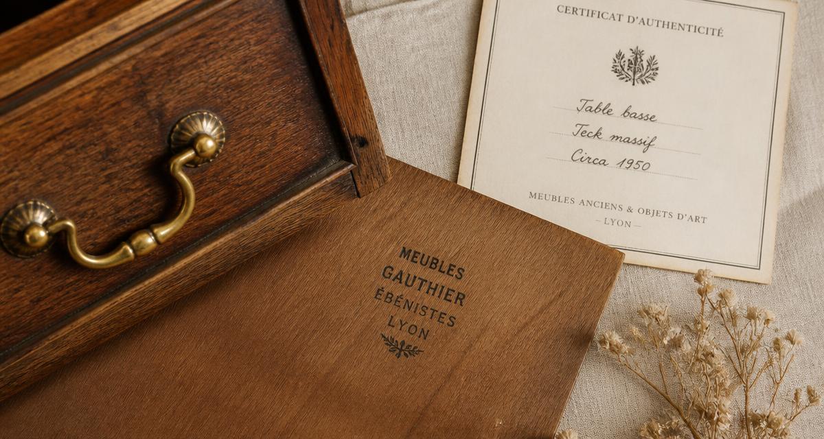 Détails d'un meuble vintage authentique : bois massif, poignée en laiton et estampille de fabricant